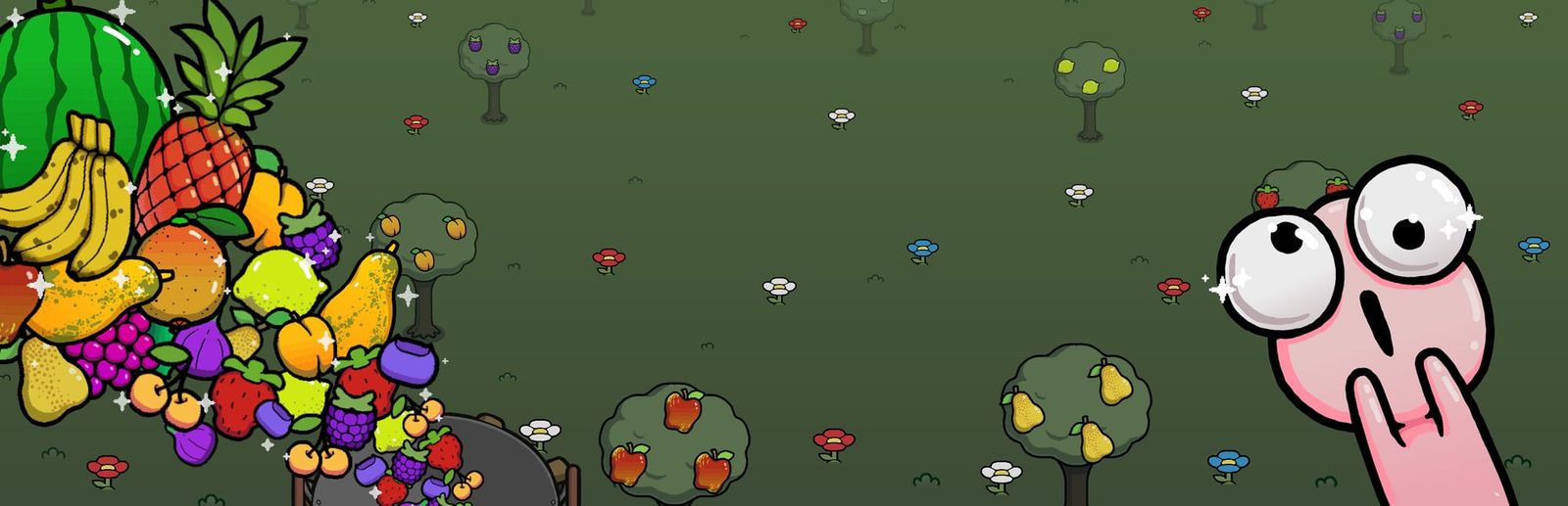 게임 『Idle Colony』의 콘셉트 이미지. 꽃과 나무가 자란 초원에서 거대한 과일 떼가 날아가고 있고 한쪽에 놀란 표정의 캐릭터가 있다.