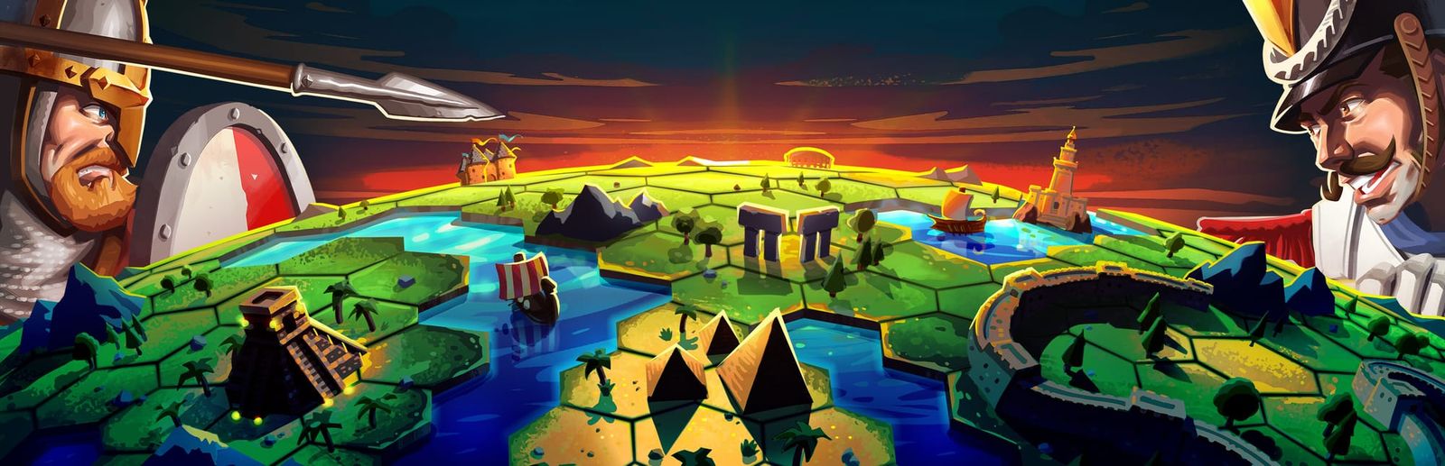 게임 『Hexarchy』의 콘셉트 이미지. 중세 용병과 르네상스 병사가 육각 타일맵을 사이에 두고 대치하는 모습. 