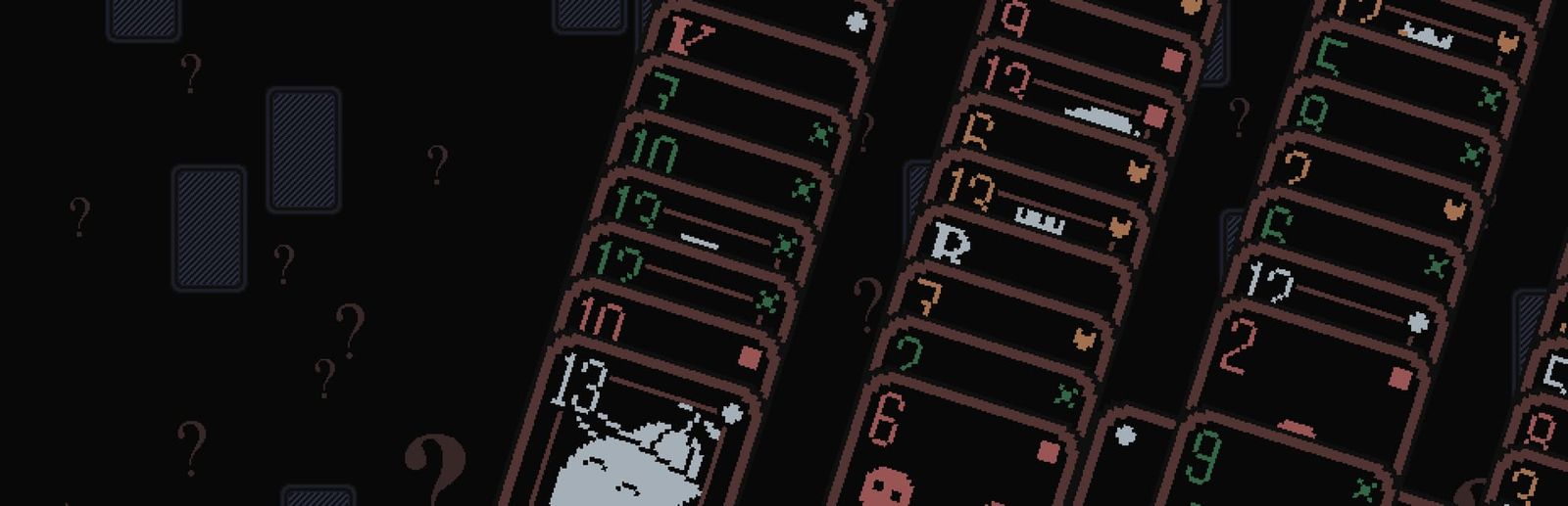 게임 『A Solitaire Mystery』의 콘셉트 이미지. 어두운 배경에 카드 뒷면, 솔리테어처럼 쌓인 도트 그래픽 카드 더미.