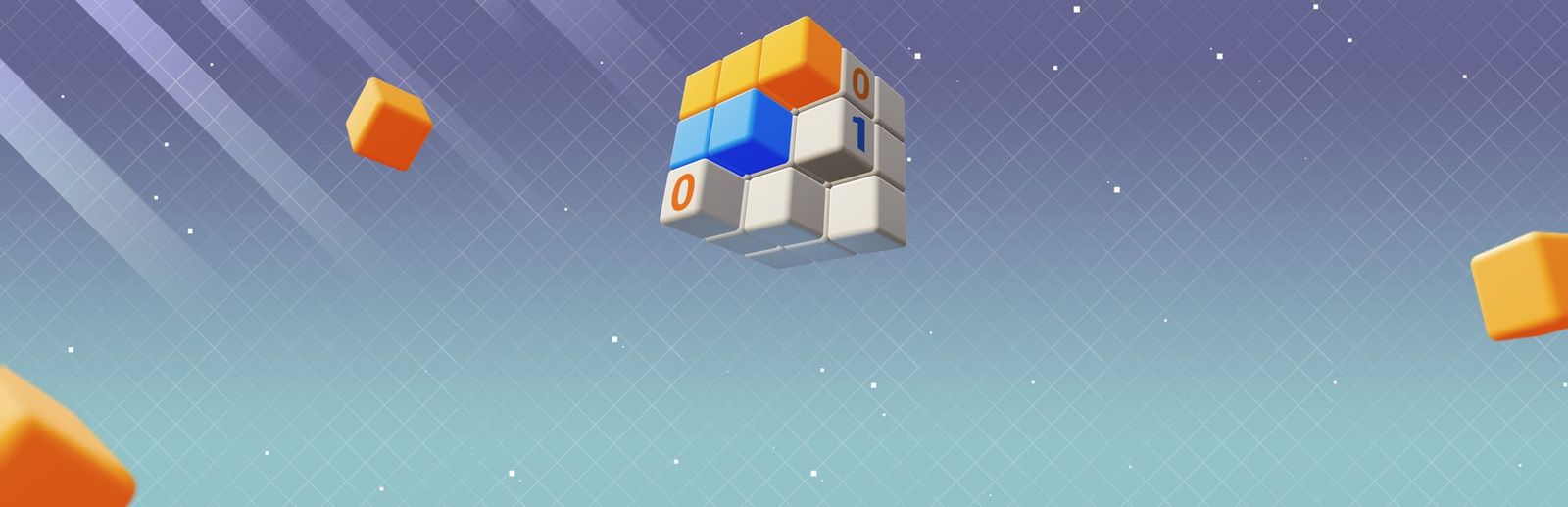 게임 『Nonogram 3D : Mega Puzzle』의 콘셉트 이미지. 추상적인 공간의 격자 문양을 배경으로, 숫자가 적히거나 색이 칠해진 큐브들이 공중에 떠 있다.