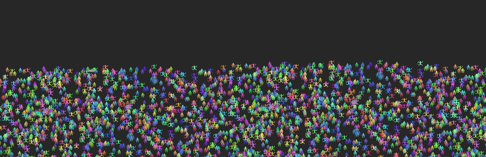 게임 『Digseum』의 콘셉트 이미지. 형광색의 도트로 표현된 수많은 박물관 방문자들이 이미지의 아래 절반에 바글바글하게 차 있다.