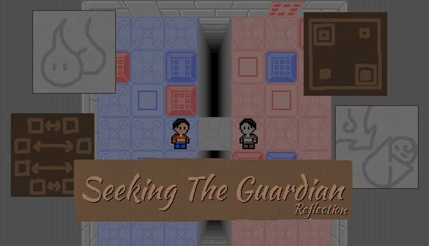 게임 『신을 찾는 이』의 DLC 『신을 찾는 이: 반영』의 DLC 이미지. 타일맵을 중심으로 캐릭터와 캐릭터의 거울상, 상징적 이미지들이 배치되어 있다.