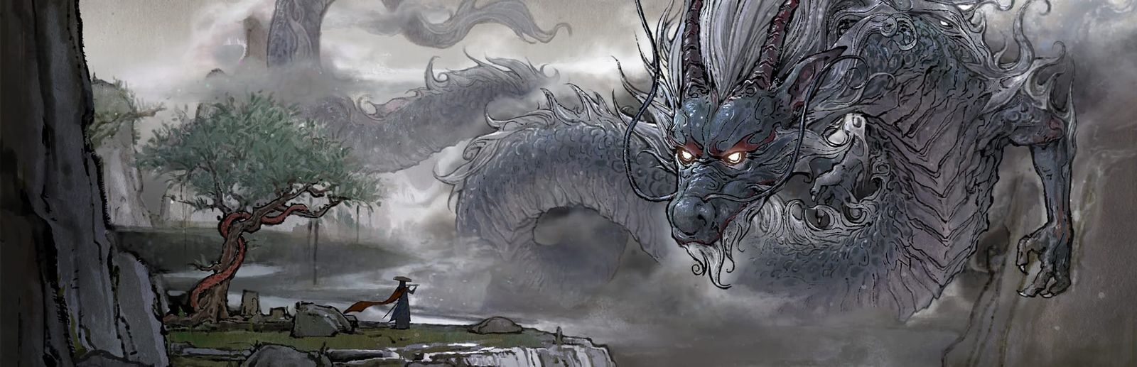 게임 『귀곡팔황』의 콘셉트 이미지. 중국풍 산수화 구도로 거대한 용과 검객이 마주보고 있는 모습.