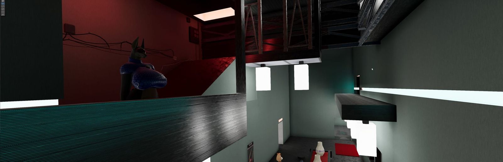 게임 『Churn Vector』의 콘셉트 이미지. 동물 캐릭터가 스테이지를 감시하는 듯 한 게임 내 스크린샷.