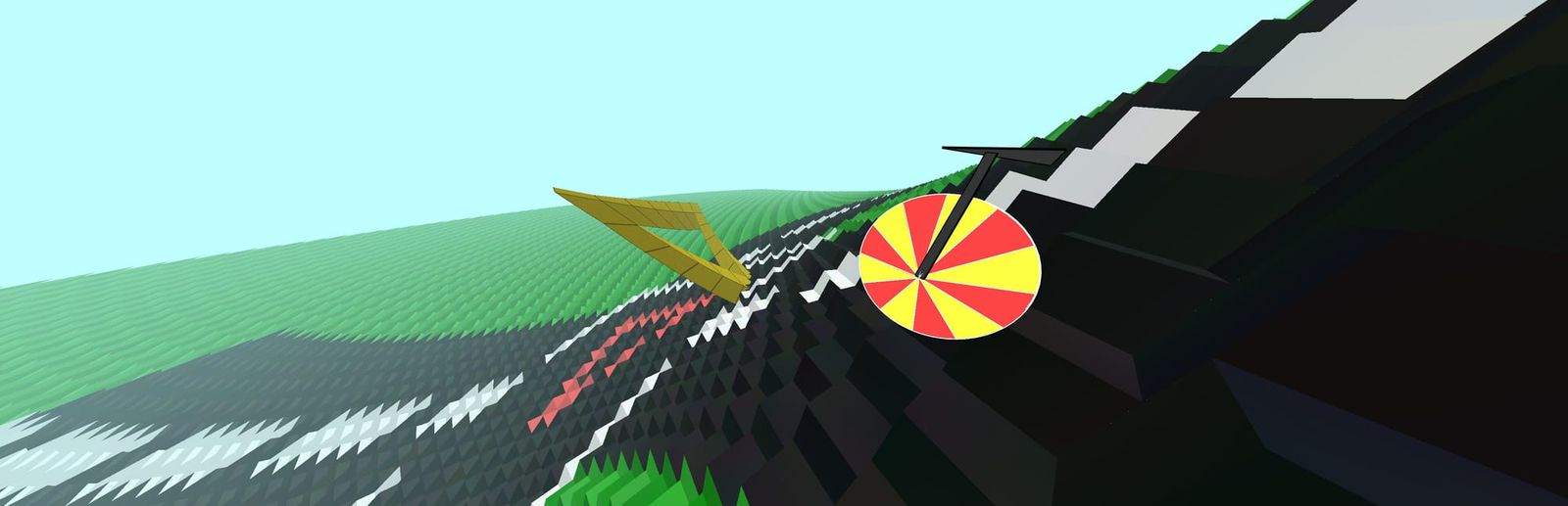 게임 『RodueViz Collection』의 콘셉트 아트. 기묘하게 꼬인 사각형 타일들의 세계에서 바퀴가 구르고 있고, 불가능한 모양의 삼각형이 보인다.