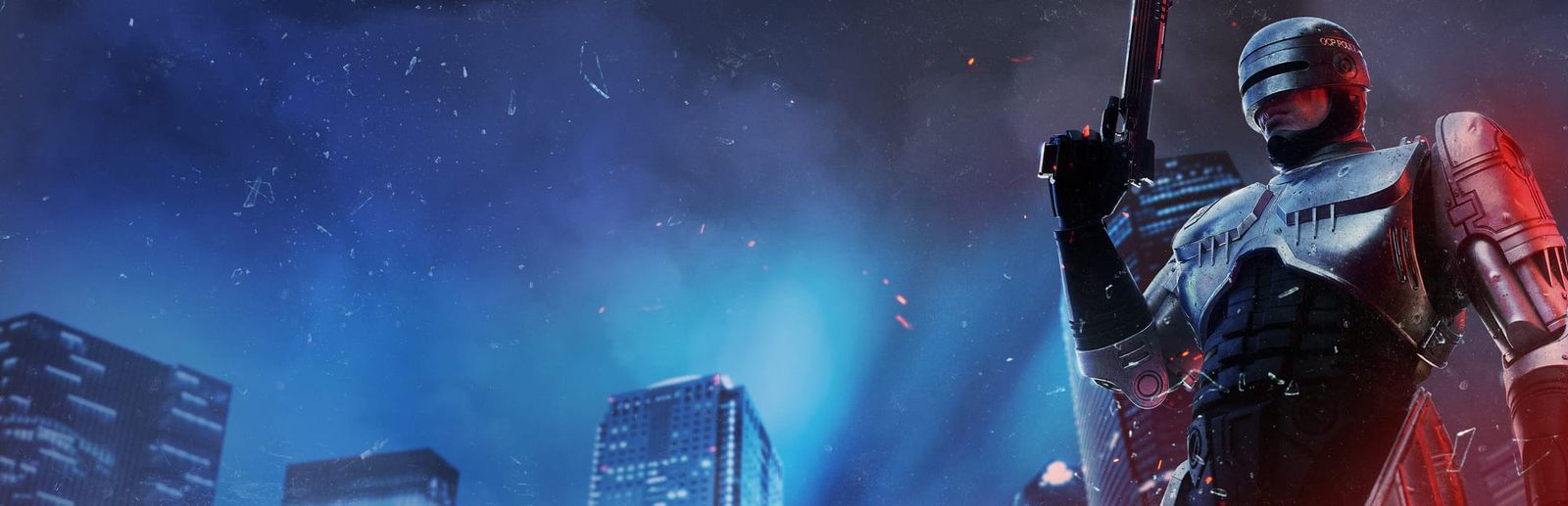 게임 『RoboCop: Rogue City』의 콘셉트 이미지. 밤하늘 경광등의 푸른 빛과 붉은 빛을 배경으로 로보캅이 권총을 들고 서 있는 모습.