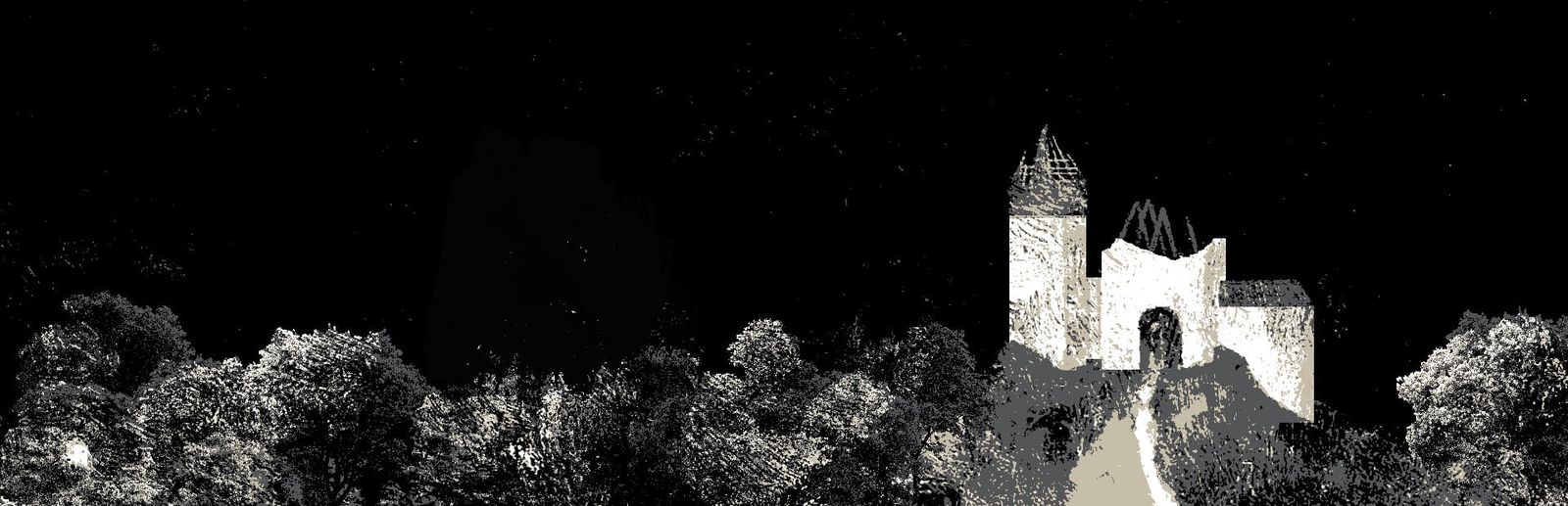게임 『Felvidek』의 콘셉트 이미지. 숲 저편의 반파된 중세 유럽의 성채가 색 수가 적은 흑백 점묘화로 묘사되어 있다.