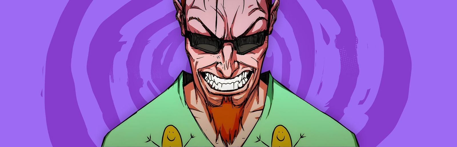 게임 『POSTAL: Brain Damaged』의 콘셉트 이미지. 보라색 소용돌이를 배경으로 주황색 수염이 난 선글라스의 남성이 이를 악물고 있는 모습.