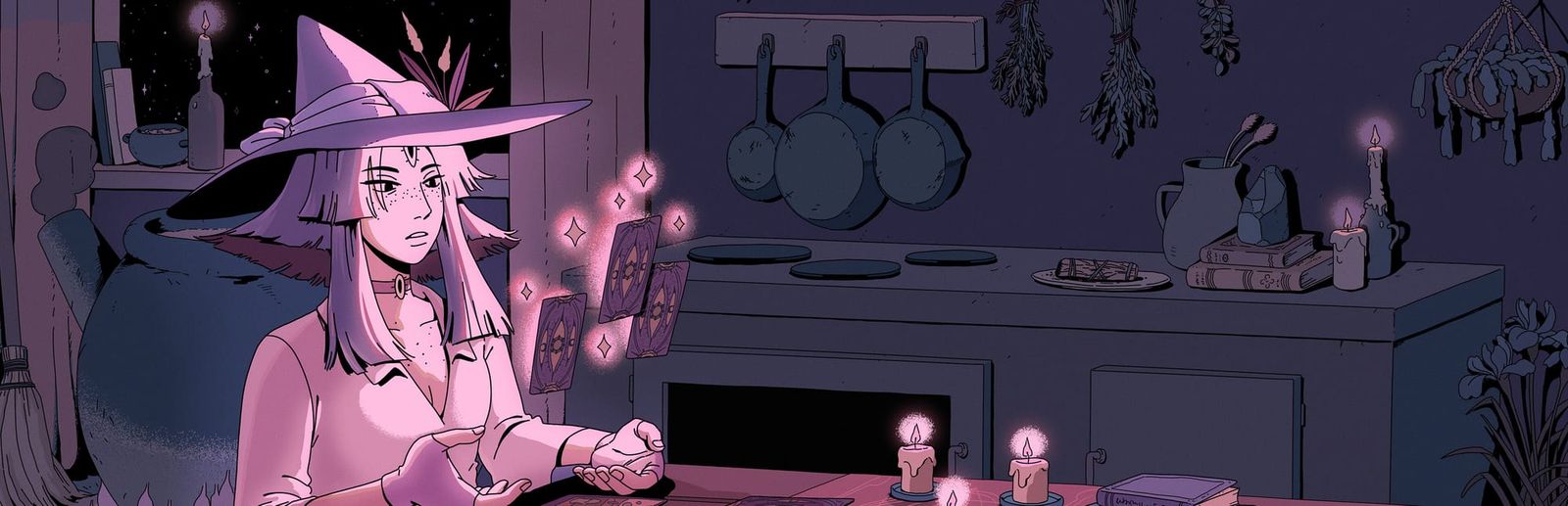게임 『The Cosmic Wheel Sisterhood』의 콘셉트 아트. 마녀의 소품이 가득한 방에서 주근깨가 난 마녀가 카드점을 보고 있는 분홍색 계통 그림.