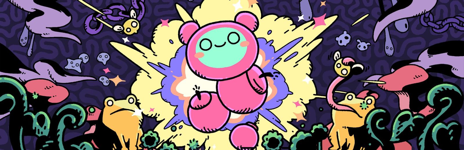 게임 『Öoo』의 콘셉트 이미지. 보라색 배경과 양치류 식물, 버섯, 벌레를 먹는 개구리 등을 배경으로 폭발하는 폭탄 몸통을 가진 추상화된 애벌레 캐릭터가 그려져 있다.