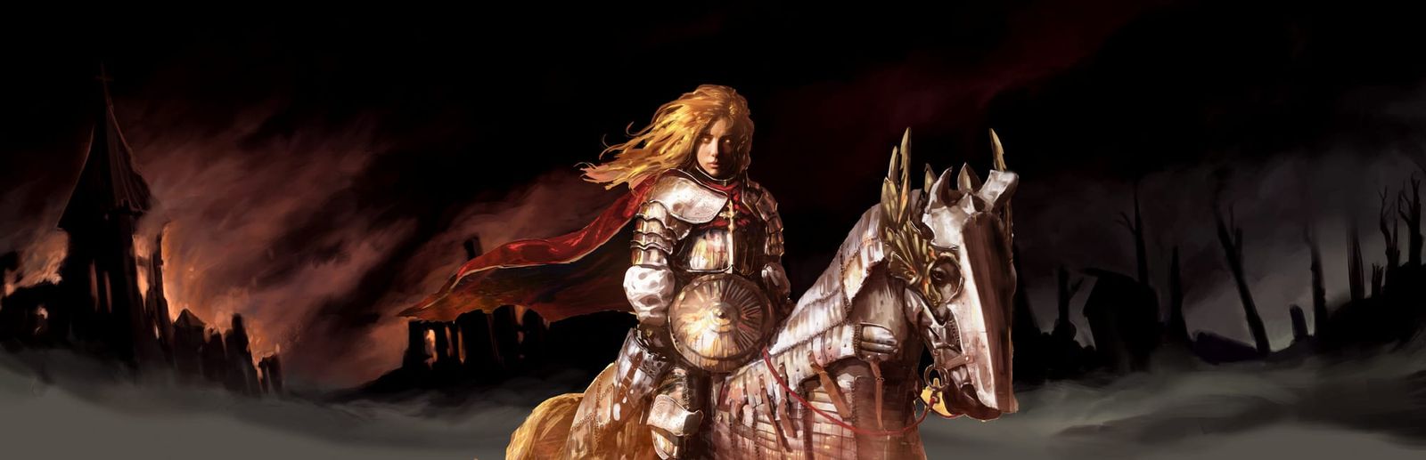 게임 『Kingdom, Dungeon, and Hero』의 타이틀 이미지. 어두운 중세 건물과 숲의 폐허를 배경으로 마갑을 입은 말 위에 탄 금발의 기사의 모습.