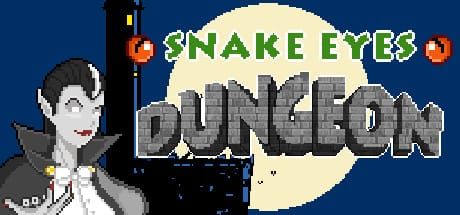 게임 『Snake Eyes Dungeon』의 타이틀 이미지. 보름달, 건물, 주사위를 든 뱀파이어와 로고가 저해상도 느낌으로 묘사되어 있다.
