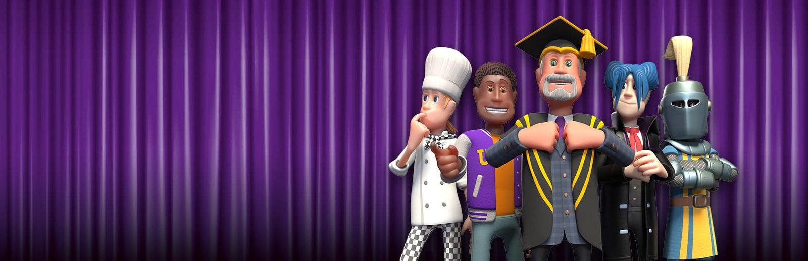 게임 『Two Point Campus』의 콘셉트 이미지. 보라색 커튼을 배경으로 학사모를 쓴 노인과 다양한 젊은이들이 서 있는 모습.