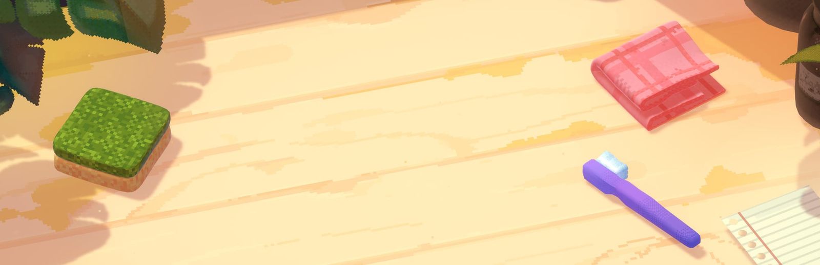 게임 『언더스티드: 과거에서 온 편지』의 콘셉트 이미지. 나무 탁자 위에 스펀지, 칫솔, 헝겊 등이 놓여 있다.