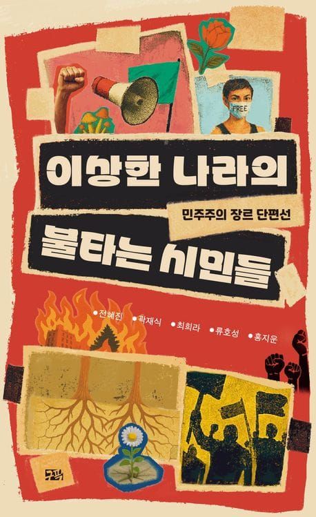 책 『이상한 나라의 불타는 시민들』의 표지. 붉은 배경의 불타는 건물과 주먹 쥔 손들을 배경으로, 깃발을 든 사람들, 나무뿌리와 민들레, FREE라 적힌 마스크를 쓴 사람 등의 사진이 붙어 있는 도안.