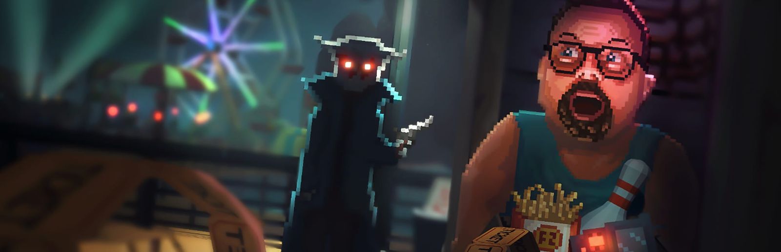 게임 『Wildwood Down』의 콘셉트 아트. 밤의 놀이공원을 배경으로 복면, 트렌치 코트에 권총을 든 사람이 서 있고 살찌고 수염난 캐릭터가 놀라고 있는 모습.