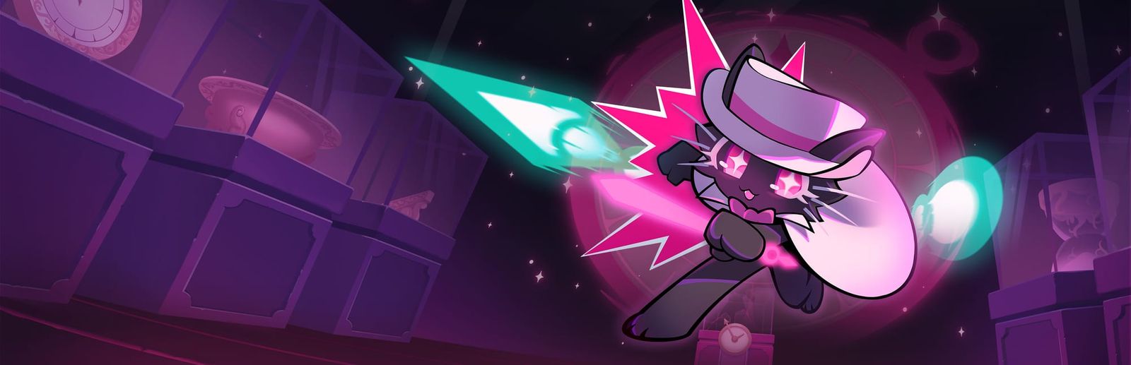 게임 『타임 스내쳐 핸디』의 콘셉트 아트. 망토와 중절모를 쓴 검은 고양이 캐레터가 녹색 탄막들과 박물관 전시대 사이에서 뛰고 있는 모습.