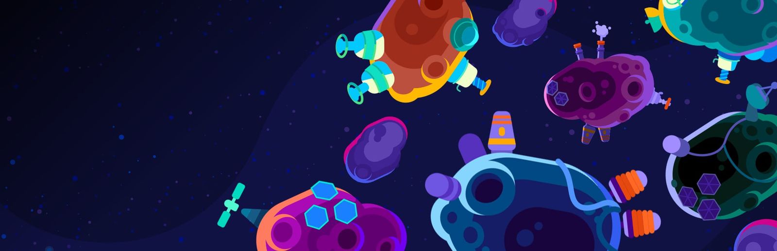 게임 『Star Birds』의 콘셉트 아트. 우주의 갖가지 모양의 소행성에 이런저런 미래적 시설이 설치된 모습.