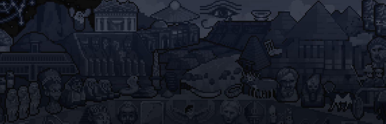 게임 『Mosaic of The Pharaohs』의 콘셉트 아트. 검푸른 모노톤으로, 이집트와 관련된 도안들의 도트로 된 그림.