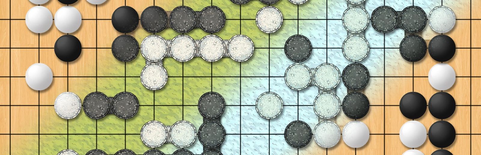 게임 『The Conquest of Go』의 콘셉트 아트. 바둑알들이 올라가있는 바둑판의 모습이 실제 바둑판과 초원에 서 있는 성벽 사이를 점차적으로 오가는 도안.