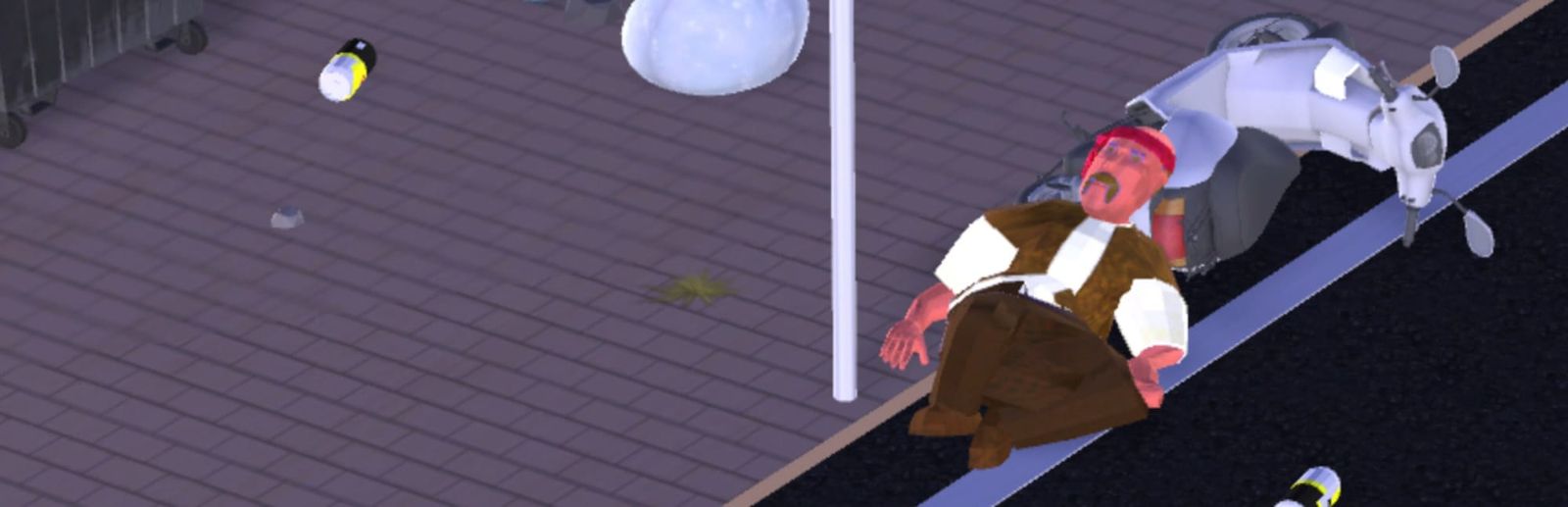 게임 『Drunken way to Home』의 콘셉트 이미지. 3D 모델링으로 된 도시의 인도와 차도 사이에 술에 취한 듯 얼굴이 붉고 넥타이를 머리에 맨 중년이 쓰러진 오토바이를 베고 누워있는 이미지.