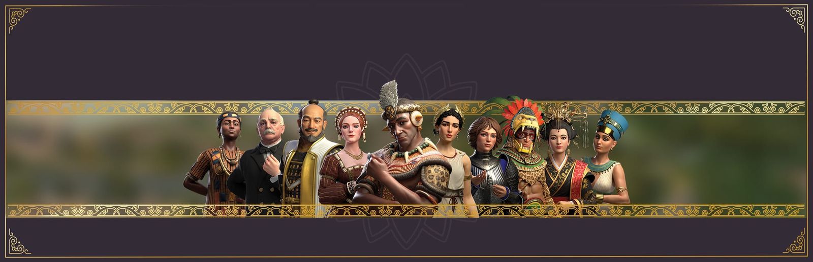 게임 『Ara: History Untold』의 콘셉트 이미지. 금색 띠 안에 지도를 배경으로 여러 민족의 대표자들이 늘어선 모습.