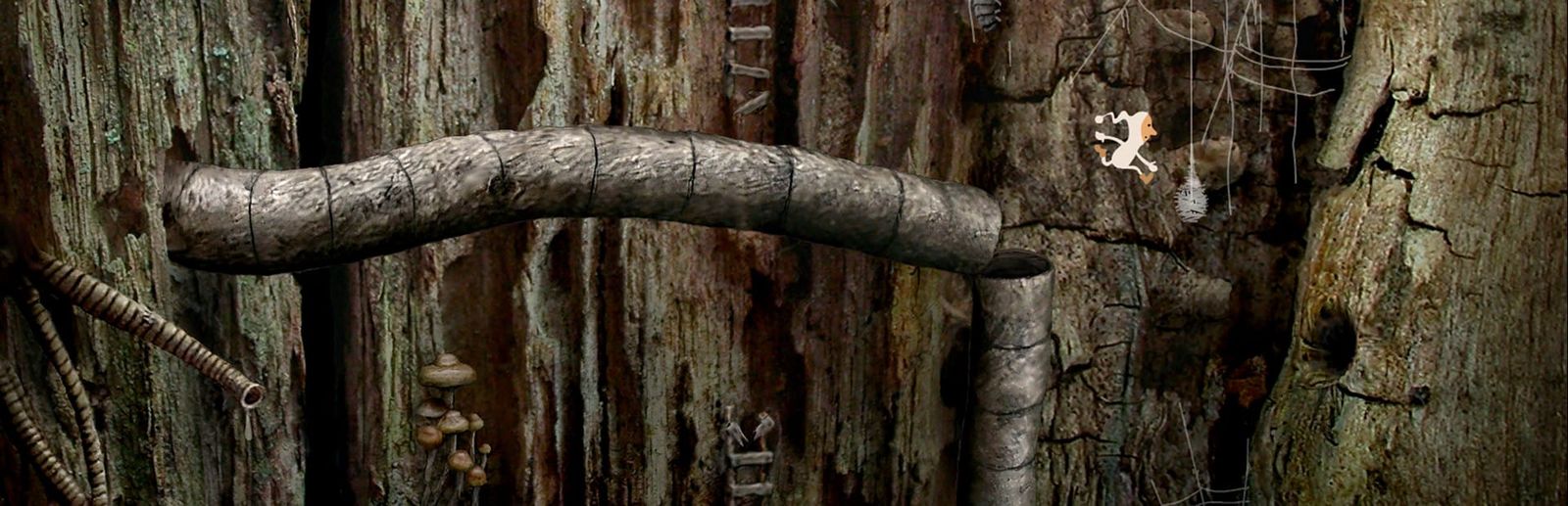 게임 『Samorost 2』의 콘셉트 아트. 나무 사이에서 빠져나온 부러진 파이프 다리 위로 점프를 하고 있는 흰색 요정 캐릭터의 모습.