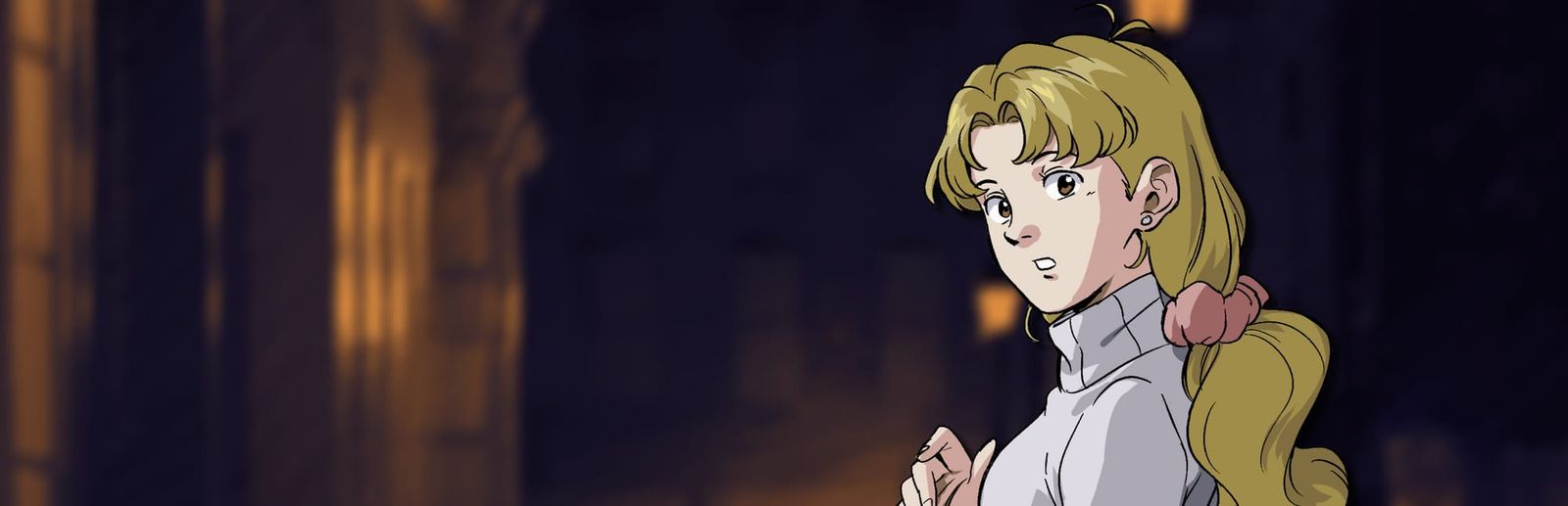 게임 『Detective Instinct: Farewell, My Beloved』의 콘셉트 아트. 어두운 배경에 이쪽을 돌아보고 있는 금발의 여성의 모습.