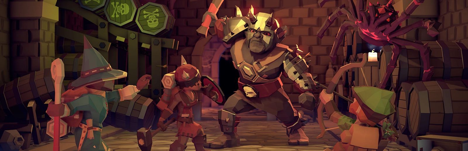 게임 『For The King』의 콘셉트 아트. 전사, 마법사, 궁수가 녹색 피부의 큰 인간, 괴물 거미 등과 맞서 싸우는 자세를 취한 이미지.