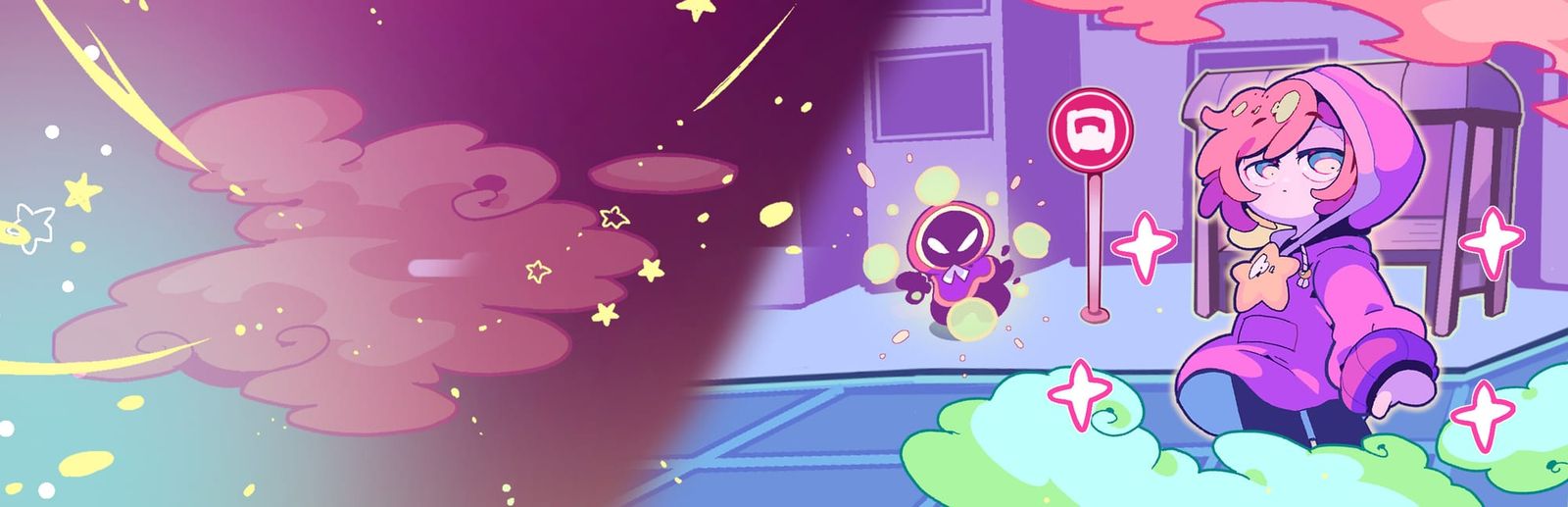 게임 『Dreamsweeper』의 콘셉트 아트. 분홍/자주색 계열 느낌으로 구름과 별, 도시에 서 있는 여자아이와 몬스터의 모습이 대비되는 이미지.