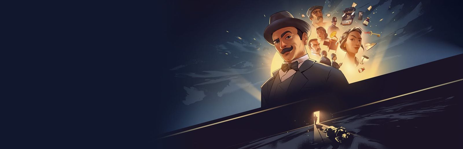 게임 『Agatha Christie - The ABC Murders』의 콘셉트. 중절모를 쓰고 콧수염을 손질한 남성을 중심으로 바닥에 쓰러진 여성, 여러 등장인물과 소품이 배치된 도안.