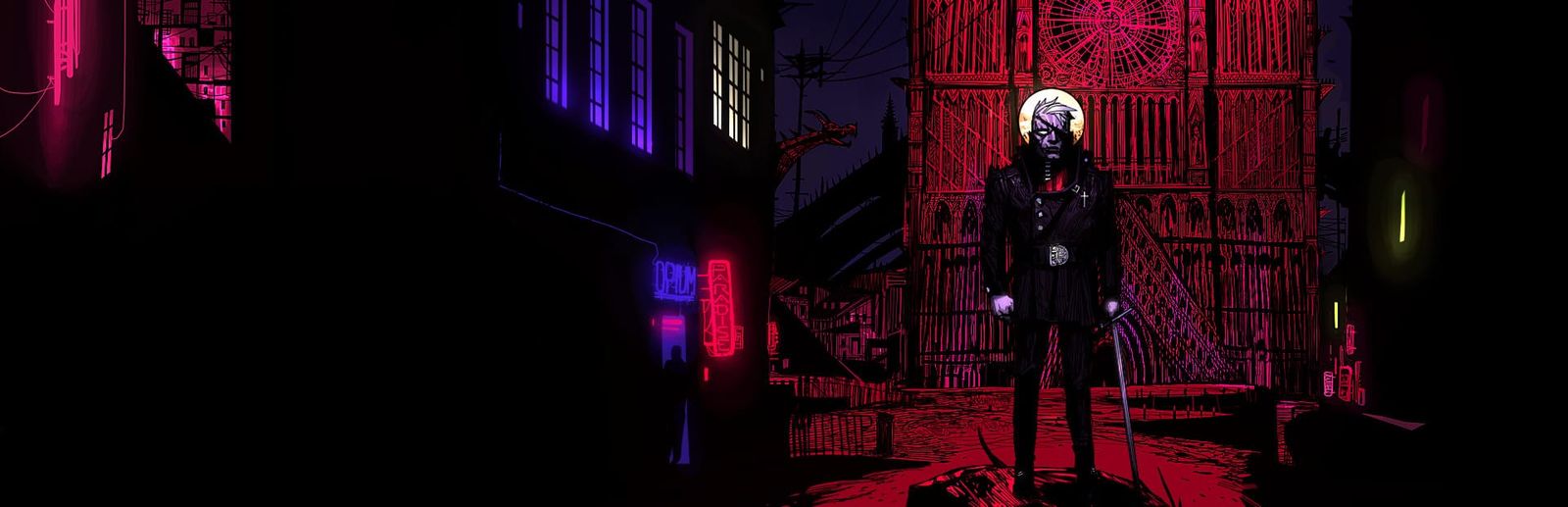 게임 『The Blind Prophet』의 콘셉트 아트. 어두운 밤의 도시에 안대, 제복 차림에 칼을 들고 후광이 있는 남성이 그려진 일러스트.