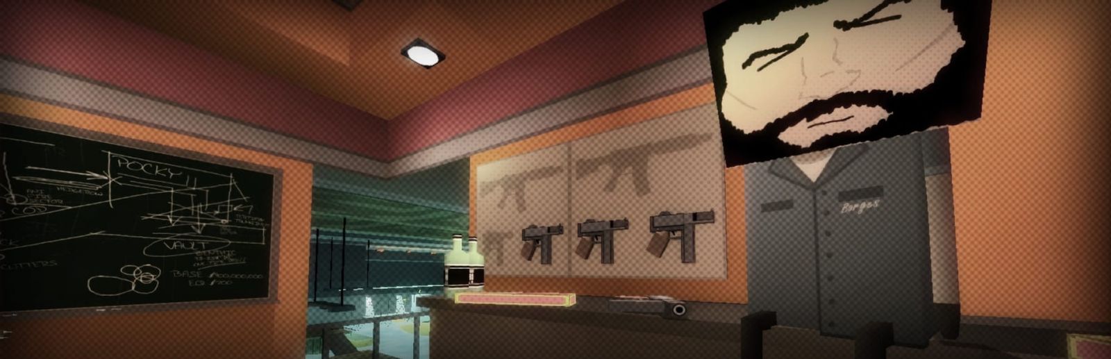 게임 『Thirty Flights of Loving』의 콘셉트 아트. 칠판에 그려진 그림, 벽면의 총기 거치대와 함께 작업대에 앉아있는 턱수염난 정사각형 캐릭터가 나릅 보고 있는 시점의 방.