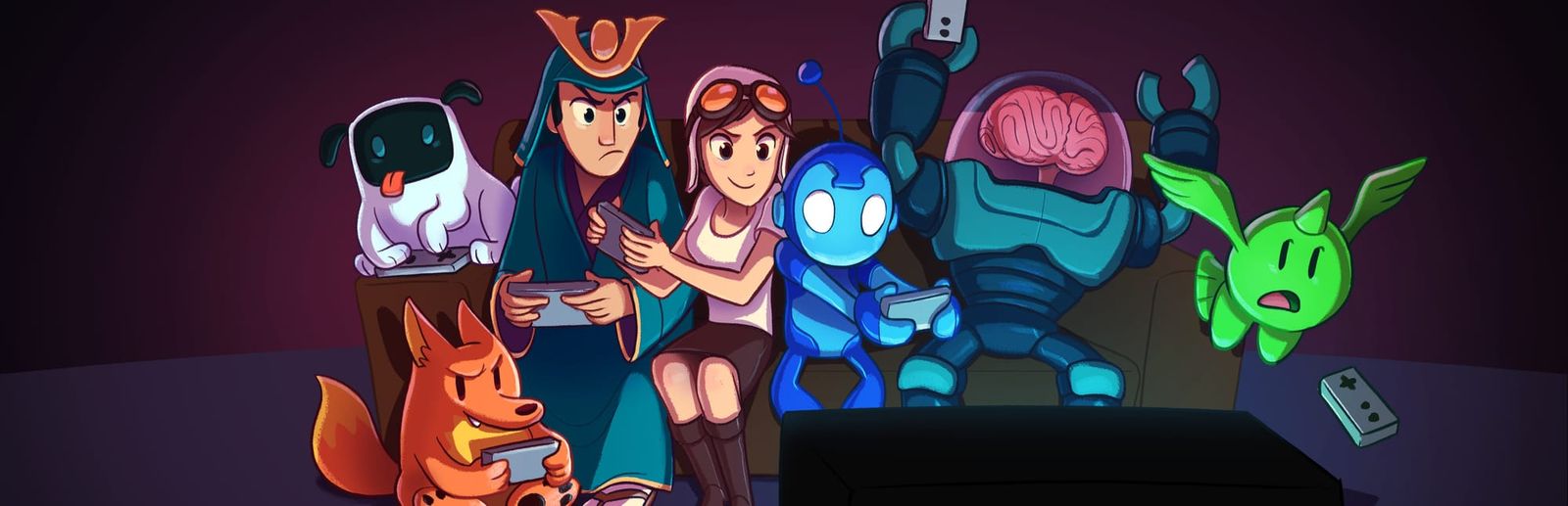 게임 『Retro Game Crunch』의 콘셉트 아트. 브라운관 TV를 보고 모여 앉아 각기 콘트롤러를 쥐고 게임을 하는 다양한 인간과 동물, 로봇 캐릭터의 그림.