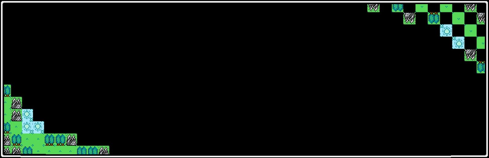 게임 『Splintered』의 콘셉트 아트. 검은 배경에 대각선 모서리를 도트로 된 초원, 숲, 마을 등의 도트로 채운 모양.