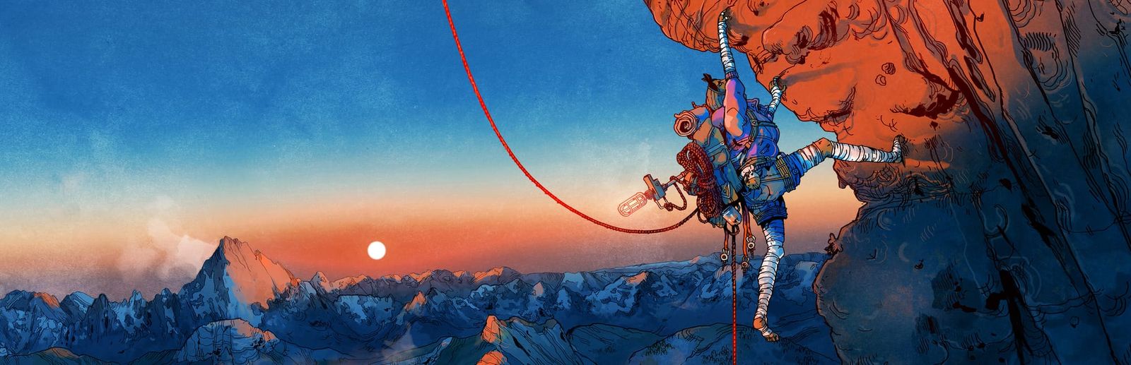 게임 『Cairn』의 콘셉트 아트. 절벽에 매달려 클라이밍하고 있는 사람을 다룬 붉은 색과 푸른 색이 교차하는 일러스트.