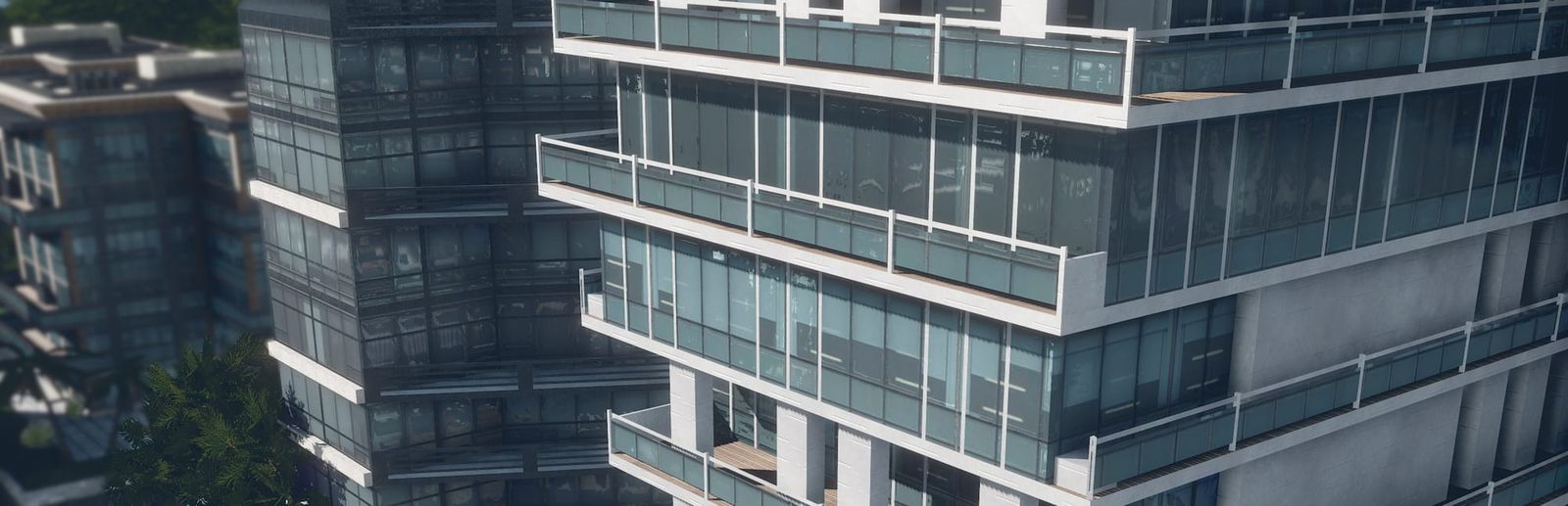 게임 『Citystate II』의 콘셉트 아트. 3D 렌더된 고층 빌딩들의 중간 층들을 보는 공중 뷰의 렌더 샷.