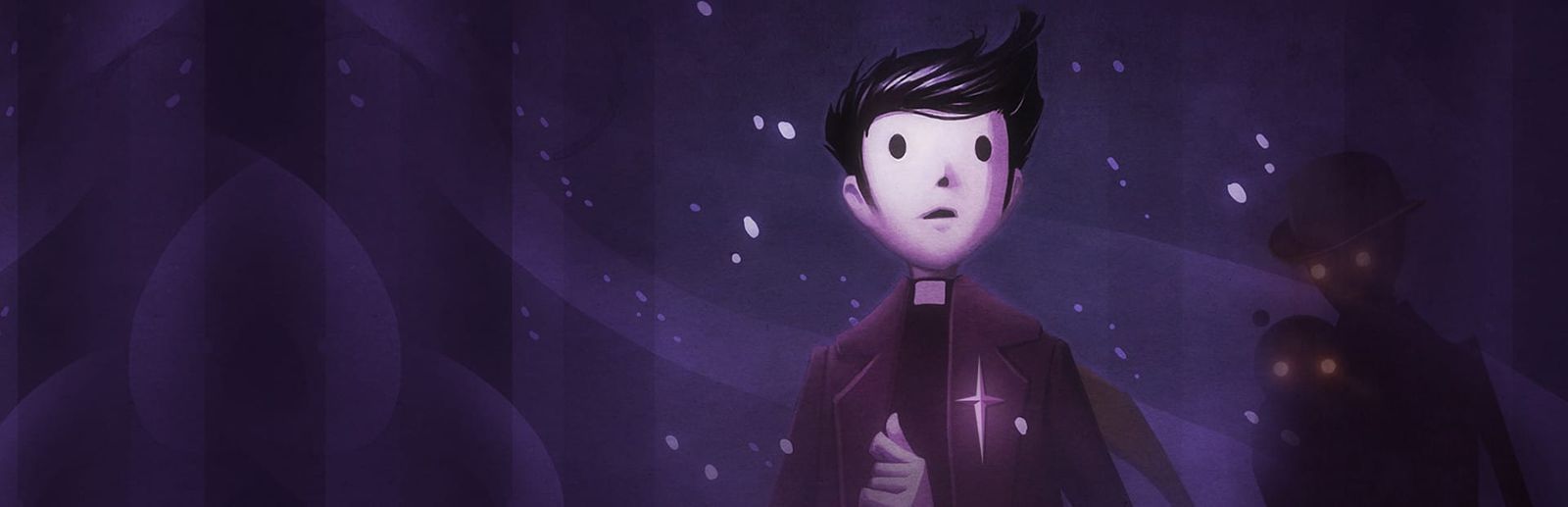 게임 『Pinstripe』의 콘셉트 아트. 눈이 오는 밤의 숲을 배경으로 서 있는 남자의 모습과 그 뒤에서 눈을 밝히고 있는 모자 쓴 사람과 아이의 그림자.