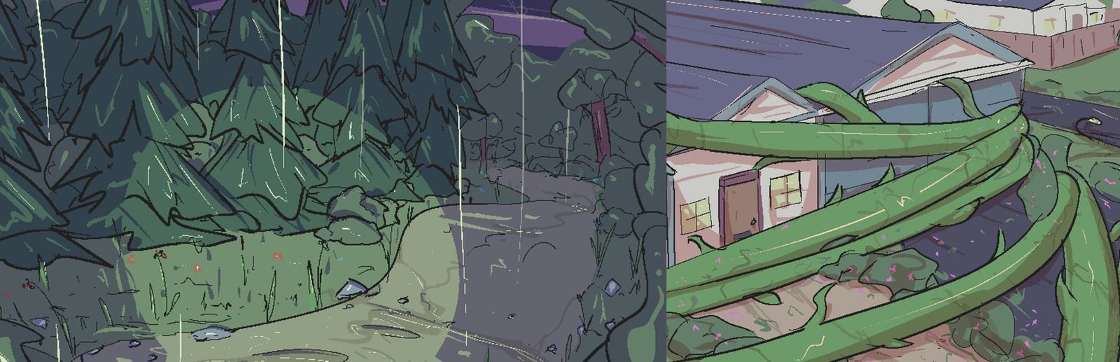 게임 『Greenhouse』의 콘셉트 아트. CG풍으로, 어두운 숲길에 손전등을 비춘 일러스트와 단독주택이 거대한 식물줄기에 감싸인 모습의 일러스트.