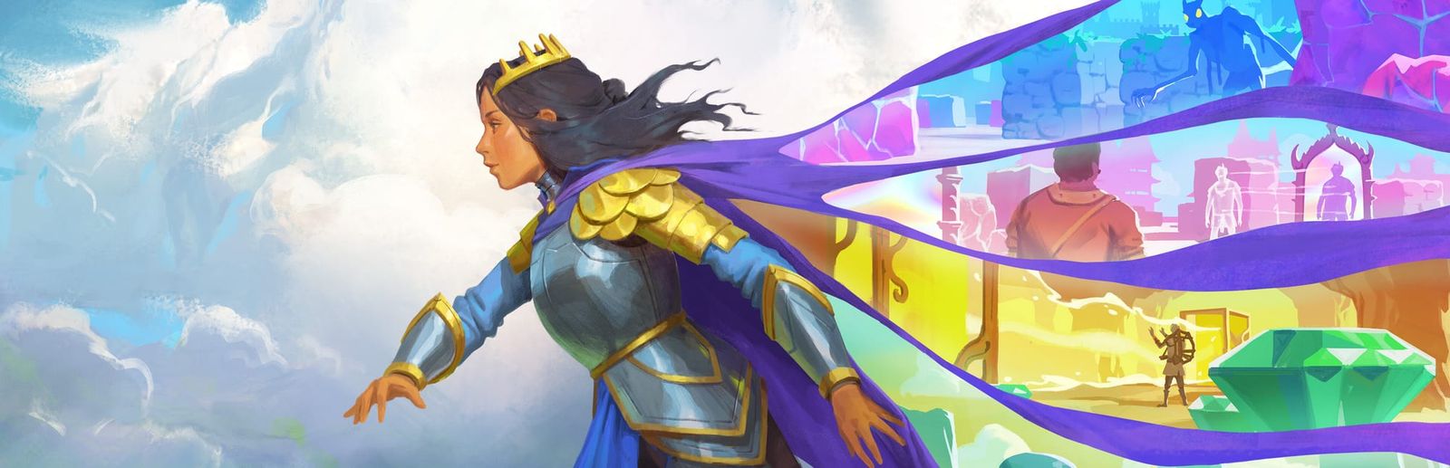 게임 『Order of the Sinking Star』의 콘셉트 이미지. 구름 사이에서 망토를 휘날리며 왼편으로 걷고 있는 여기사의 망토에 여러 풍경이 비치는 일러스트.