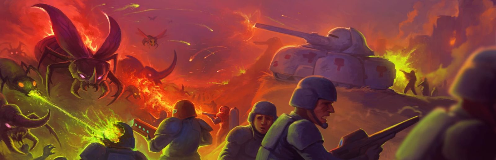 게임 『Buggos』의 콘셉트 아트. 거대한 곤충 무리과 싸우고 있는 SF 병사들과 전차들의 어두운 그림.