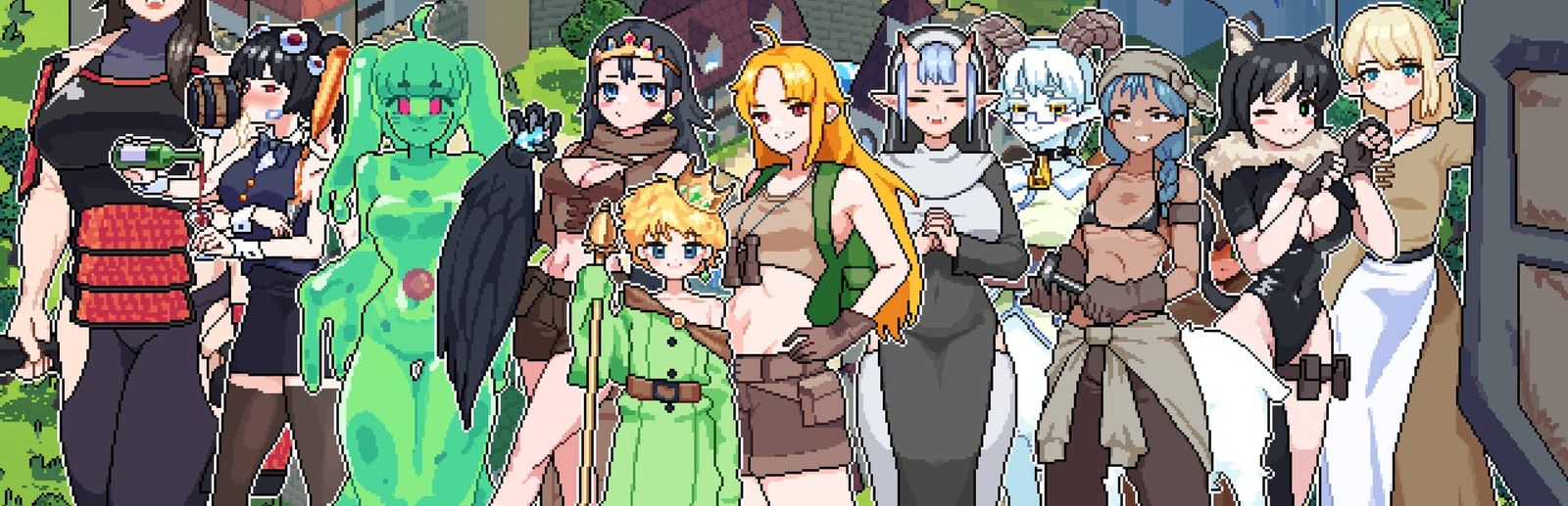 게임 『결전은 다음 주!』의 콘셉트 아트. 숲 속 성을 배경으로 여러 명의 여성과 어린 남자아이 캐릭터의 스탠딩 일러스트가 나열된 모습.