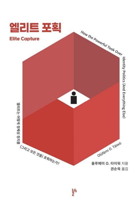 책 『엘리트 포획』의 표지. 붉은 색 벽이 정육면체의 벽 모양으로 검은 픽토그램 사람을 감싸고 있는 육각형 모양의 도안.