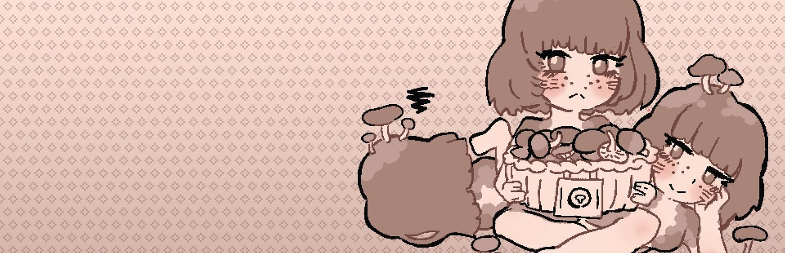 게임 『Mushroom Musume』의 콘셉트 아트. 옅은 무늬의 갈색 배경에 머리에 버섯 포자가 난 소녀들이 버섯 배지를 중심으로 있는 일러스트.