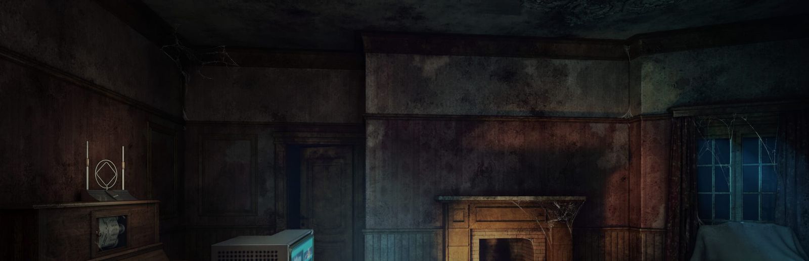 게임 『The Incident at Galley House』의 콘셉트 아트. 오래 관리되지 않아 심하게 얼룩진 저택 내 창문과 난로가 있는 방의 어두운 이미지.