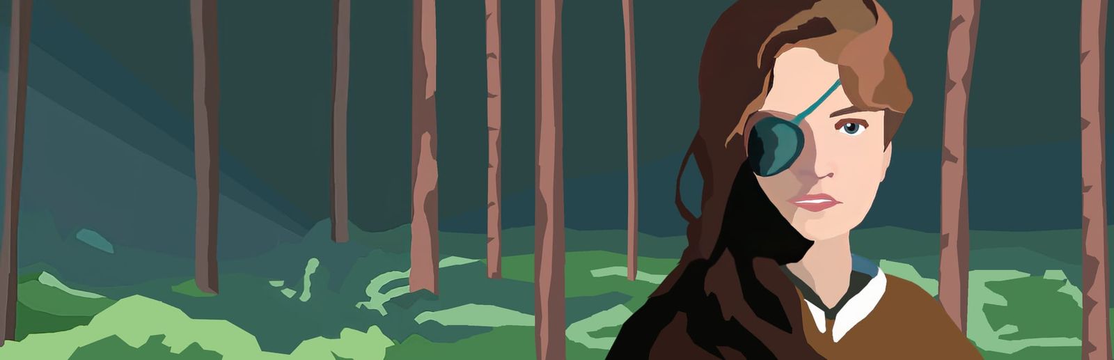 게임 『Asbury Pines』의 콘셉트 아트. 안대를 낀 긴 머리의 여성이 가느다란 나무들의 어두운 숲에 있는, 단색을 여러 장 겹쳐 만든 이미지.