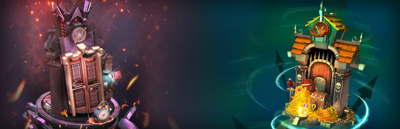 게임 『Doors: Paradox』의 콘셉트 아트. 좌우로 동그란 대좌 위에 왼쪽에는 시계, 오른쪽에는 해적의 보물을 콘셉트로 한 문과 문틀, 주변 장식들이 올라와 있는 3D 렌더링.