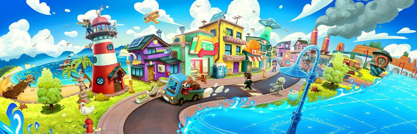 게임 『Go-Go Town!』의 콘셉트 아트. 청사진, 여러 건물과 도로, 자동차, 귀여운 캐릭터들이 다니는 마을, 바다와 산, 매연을 뿜는 공장등의 원경이 배치된 일러스트.