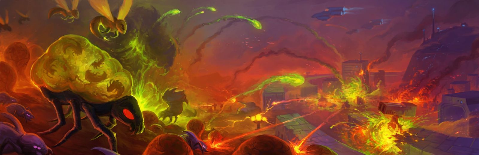 게임 『Buggos 2』의 콘셉트 아트. 등의 투명한 알주머니에 작은 유충들을 담고 있는 눈이 빨간 곤충 뒤로, 인간의 구조물, 전차, 우주선과 포격전을 주고받고 있는 곤충 무리의 일러스트.