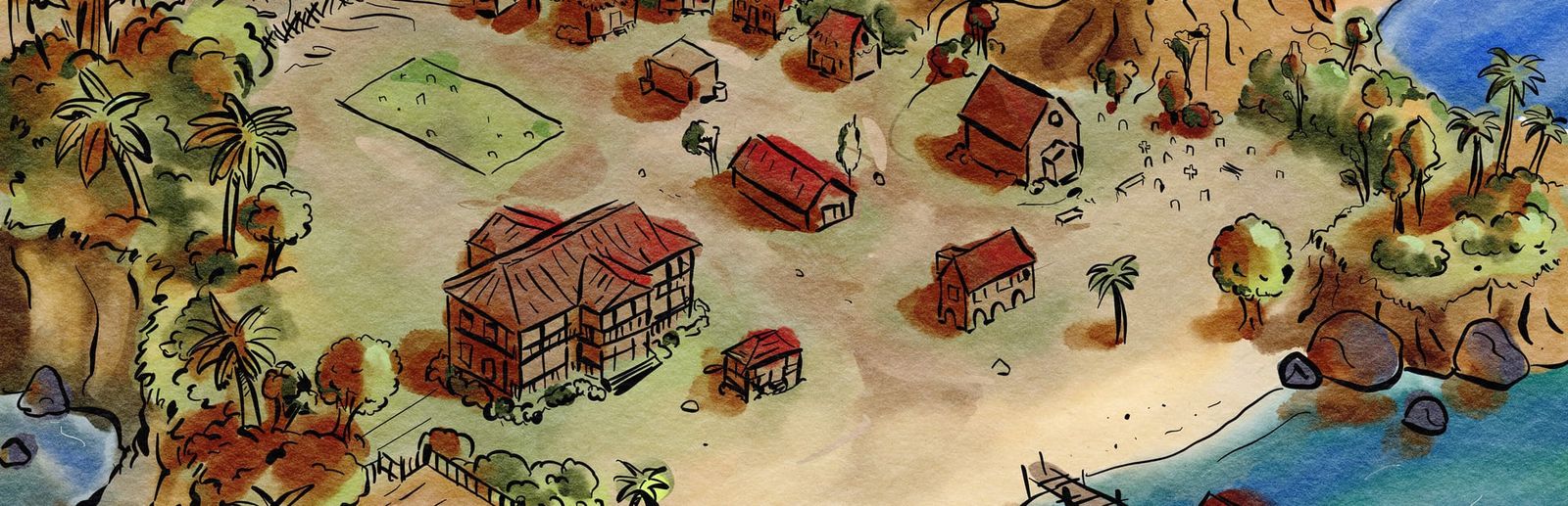 게임 『보르네오의 붉은 진주』의 콘셉트 아트. 열대 해변가의 저택과 장원이 묘사된 색연필풍 크림.